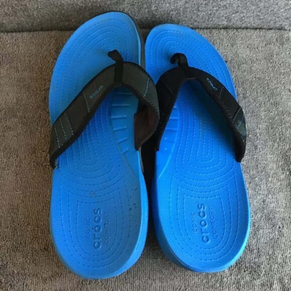 Crocs Swiftwater Blue Black Leather Comfort Sandals Flip Flops Sz 12 EUC‎